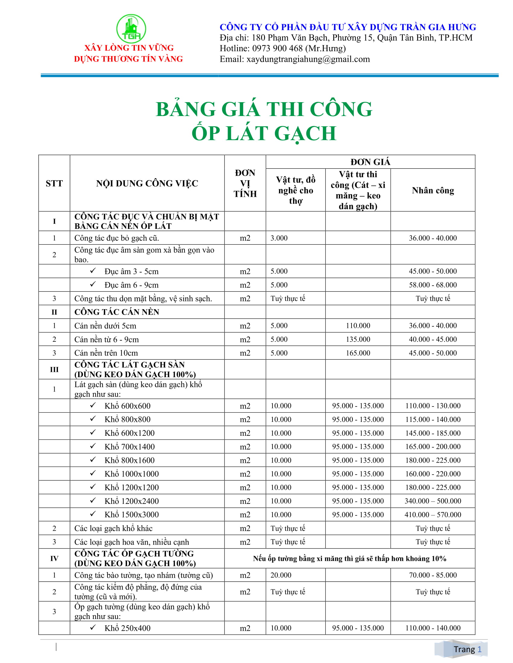 Bảng giá gạch lát nền theo mẫu