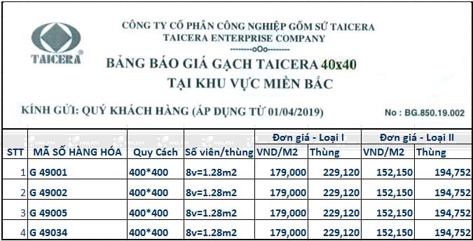 Mẫu gạch Taicera 40x40 lát nền